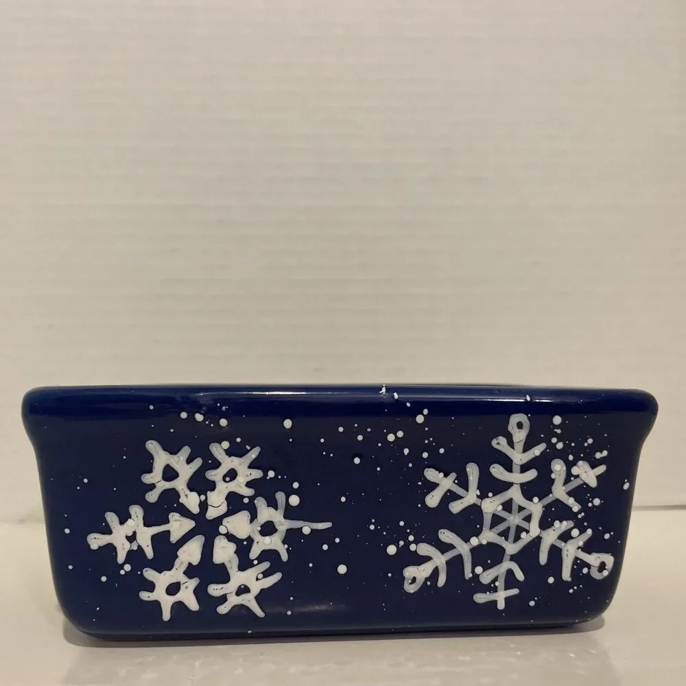 NANTUCKET Stoneware Ceramic LOAF PAN Bread Baking Mini Blue Snowflake ❄️ 6x4 🎁